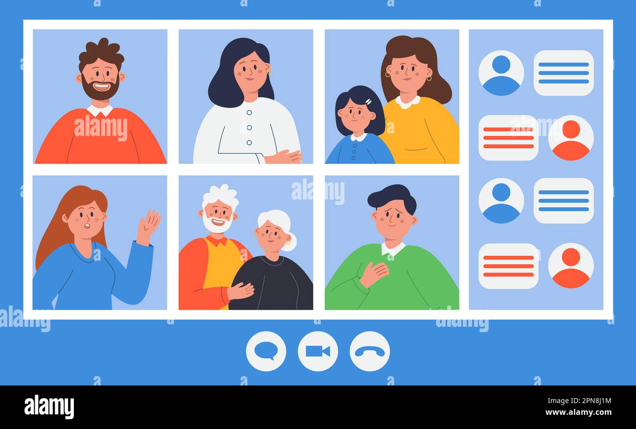 Le persone che videochiamano tramite telefono, computer o tablet Illustrazione Vettoriale