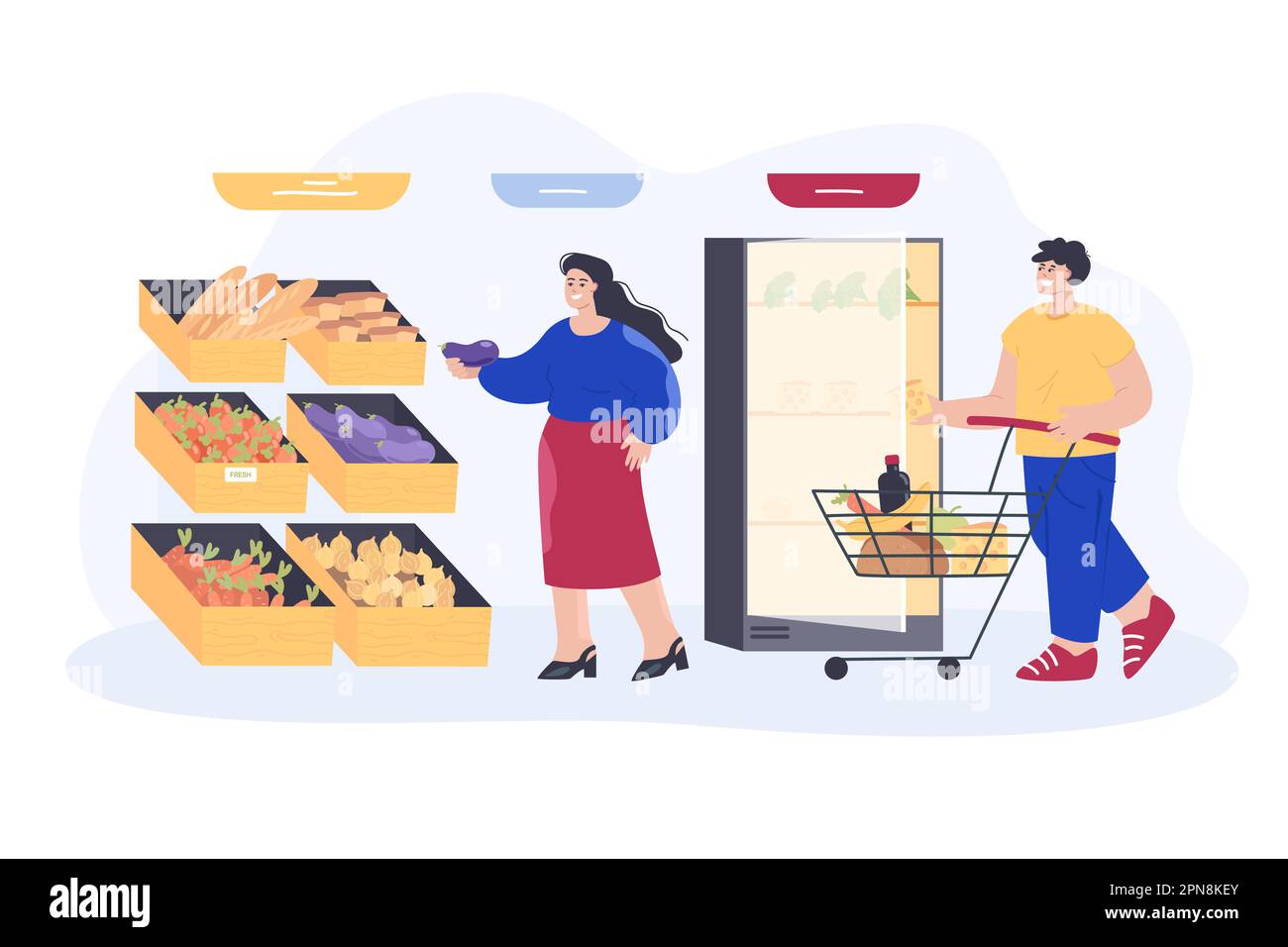 Uomo e donna al negozio di alimentari piano vettore illustrazione Illustrazione Vettoriale