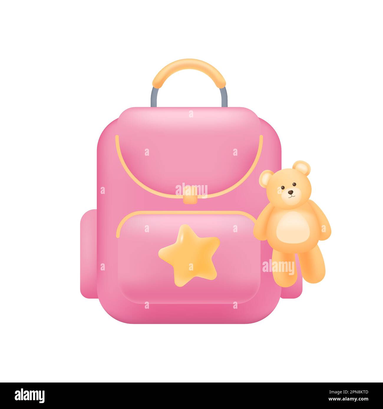 Zaino rosa con orsacchiotto giallo giocattolo e icona stella 3D Illustrazione Vettoriale