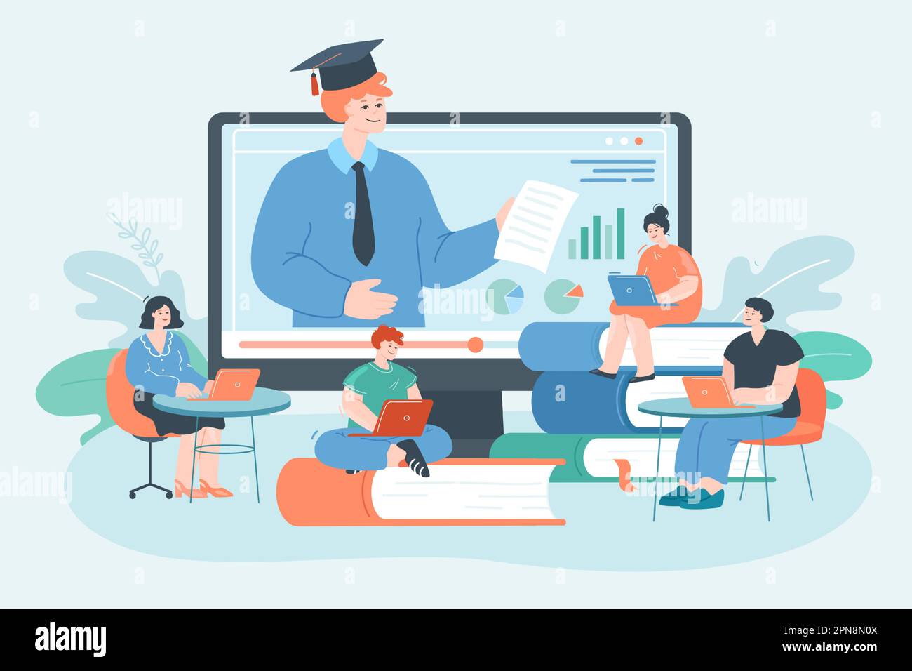 Piccoli studenti universitari che guardano il webinar sul grande schermo del computer Illustrazione Vettoriale