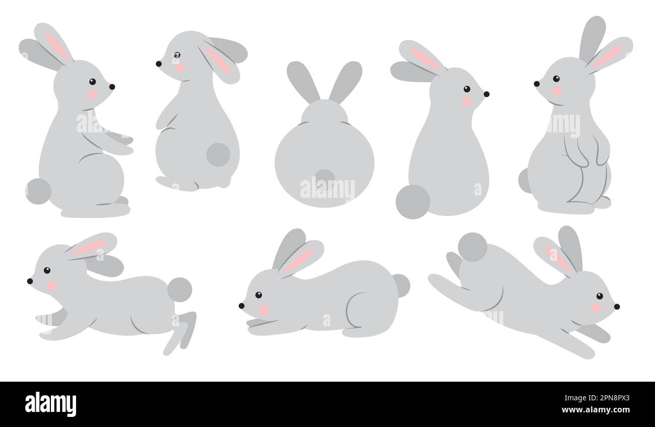 Set di conigli in pose diverse Illustrazione Vettoriale