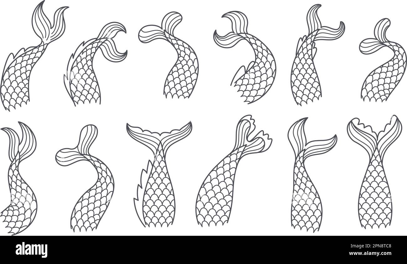 Code di sirena disegnate a mano. Coda pose di pesci, acqua mare creatura animali mermaids favola donna balena, disegnata a mano profilo sagoma ingegnoso vettore illustrazione di coda sirena, schizzo subacqueo Illustrazione Vettoriale