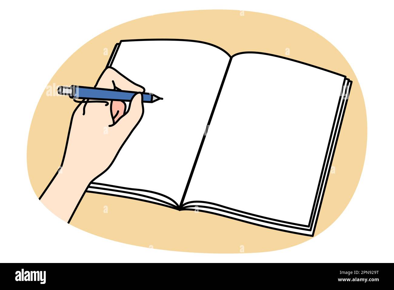 Persona scrittura a mano in un notebook vuoto con penna. Scrivere a mano make note nel blocco note o nel diario. Concetto di istruzione e apprendimento. Illustrazione vettoriale piatta, carattere cartoon. Illustrazione Vettoriale