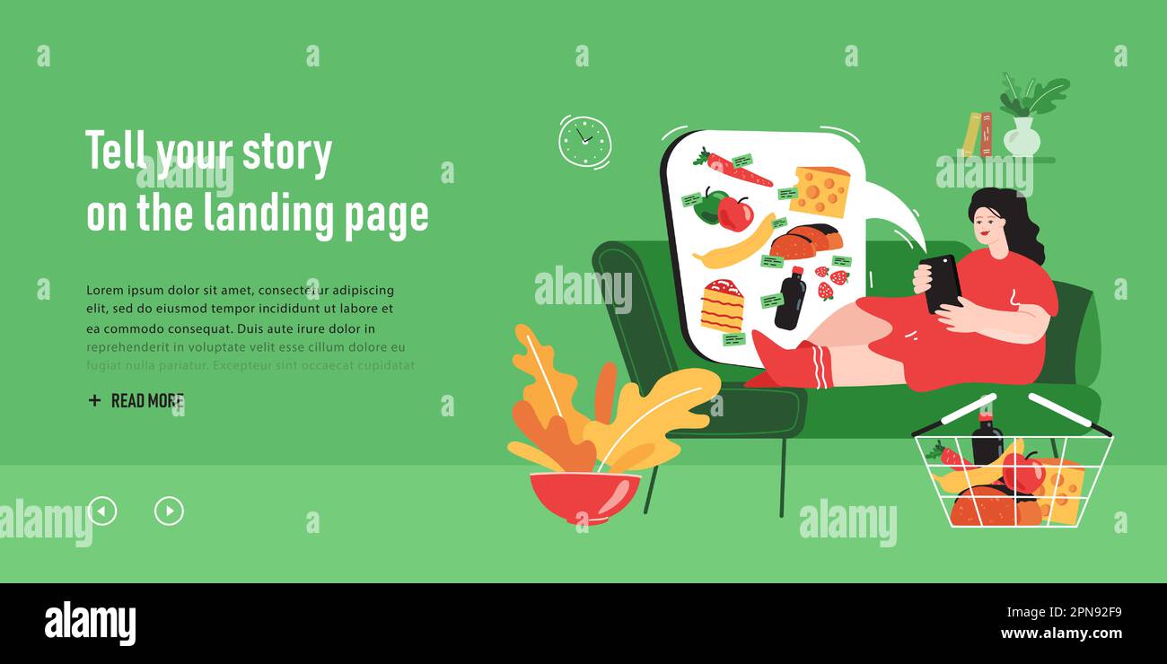 Ragazza sul divano ordinare cibo dal negozio online via telefono Illustrazione Vettoriale