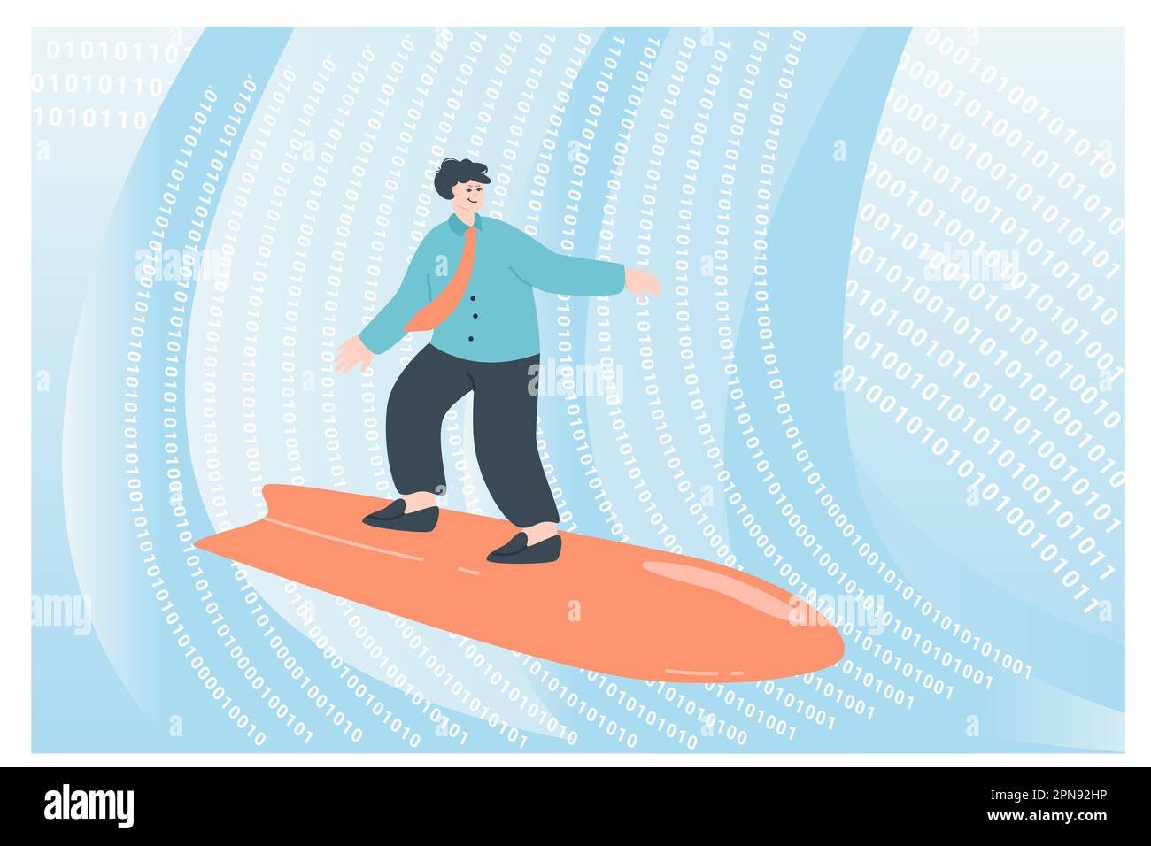 Persona d'affari che pratica surf a bordo su onde di codice binario Illustrazione Vettoriale