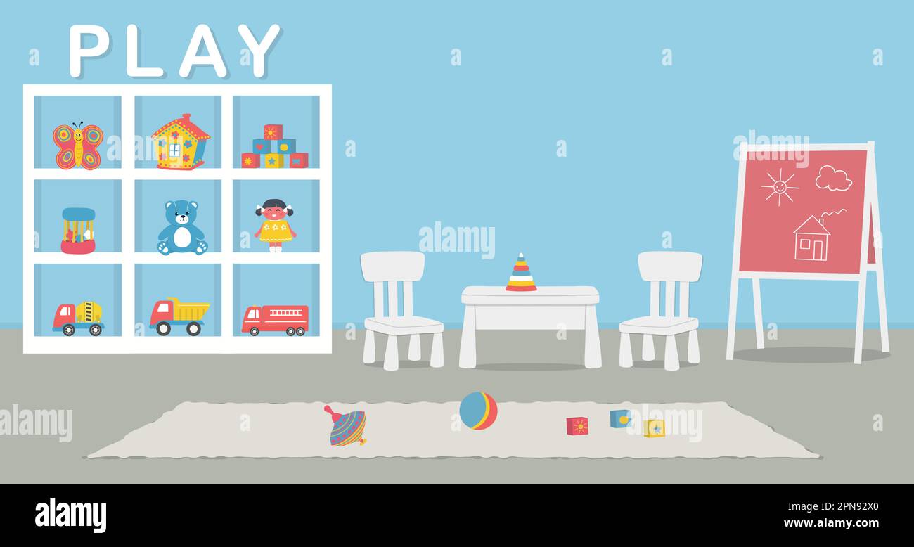 Interno della sala giochi. Camera per bambini di colore blu. Armadietto con giocattoli, lavagna, tavolo, due sedie nella foto. Illustrazione vettoriale Illustrazione Vettoriale