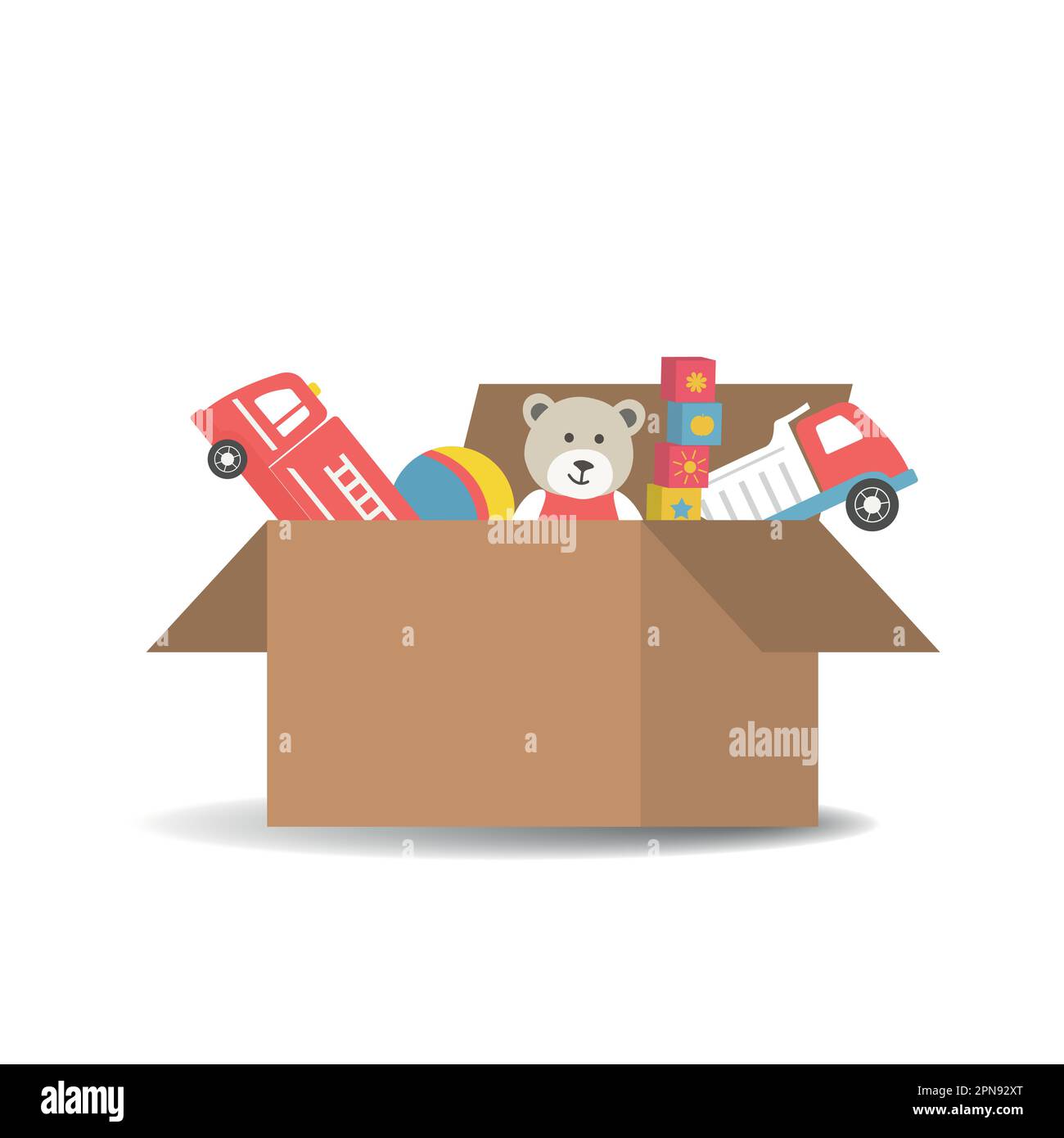 Giocattoli per bambini in scatola di cartone. Nella foto sono raffiguranti orsacchiotti, camion, palline, cubi. Illustrazione vettoriale Illustrazione Vettoriale