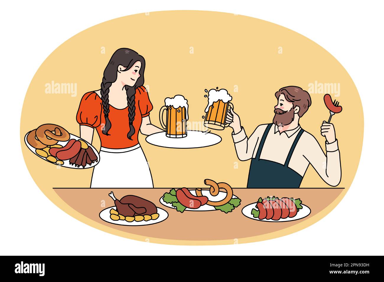 L'uomo e la donna felici in abiti tradizionali celebrano l'Oktoberfest bere birra mangiare salsicce. Sorridente ragazzo e ragazza godere tedesco festa festeggiamenti all'aperto. Illustrazione vettoriale piatta. Illustrazione Vettoriale