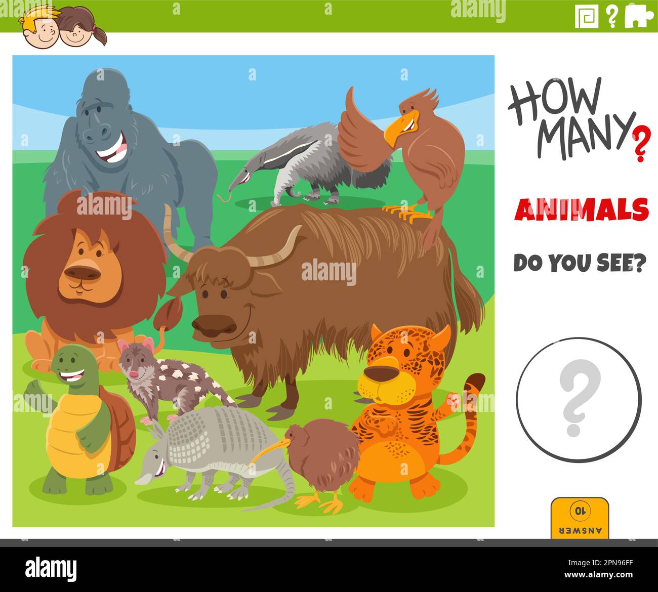 Illustrazione di un gioco di conteggio educativo per bambini con personaggi animaletti selvatici cartoni animati Illustrazione Vettoriale