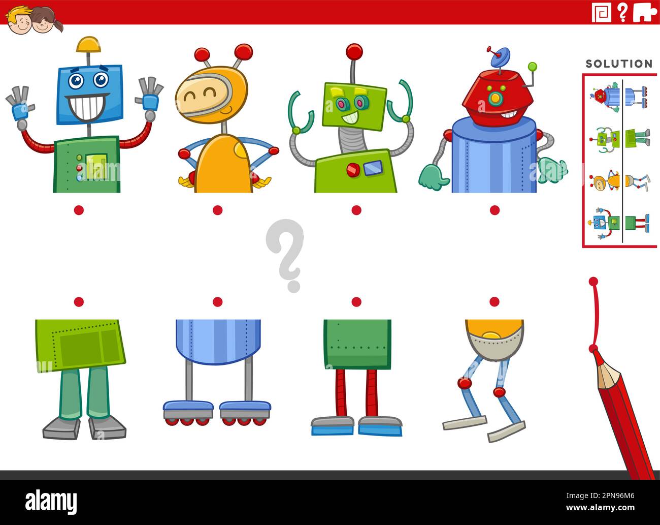 Illustrazione di cartoon del gioco educativo di abbinare metà delle immagini con i caratteri divertenti del robot Illustrazione Vettoriale