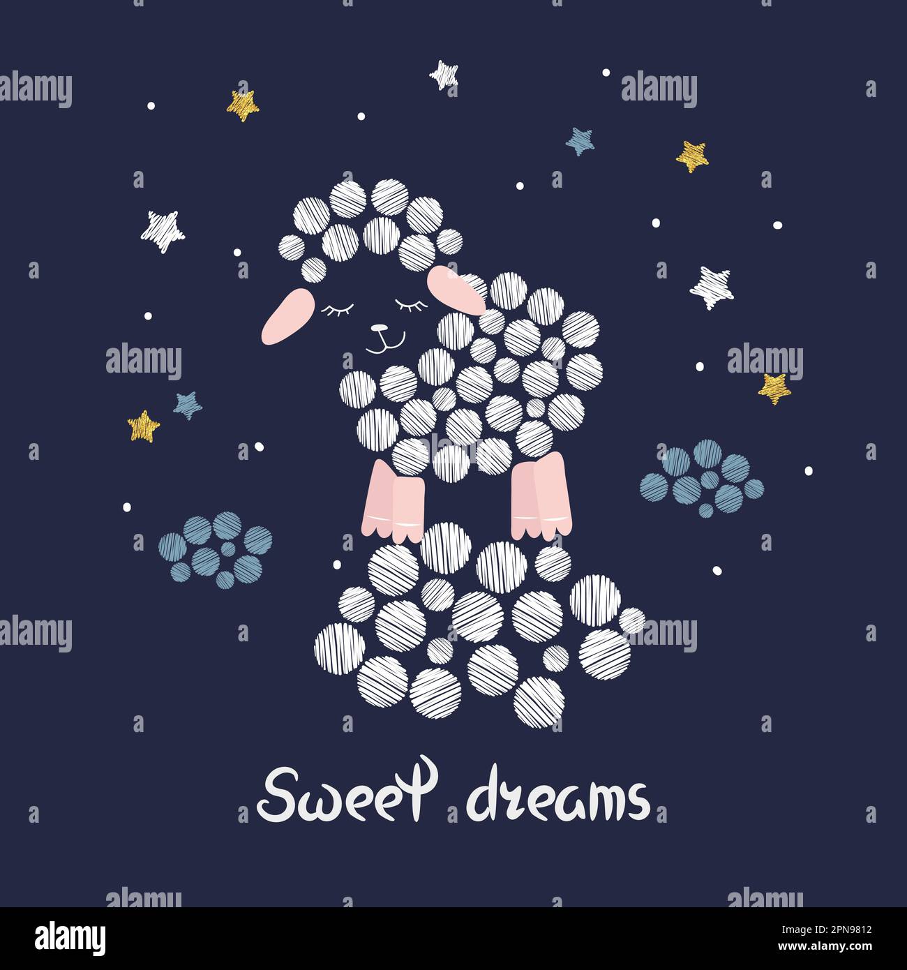Illustrazione del vettore dei sogni dolci per i bambini. Carina pecora addormentata, nuvole e stelle. Illustrazione Vettoriale