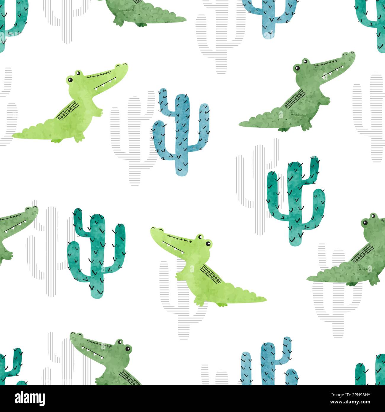 Motivo a coccodrillo color acqua senza cuciture. Sfondo vettoriale con alligatori e cactus per il design dei bambini. Illustrazione Vettoriale