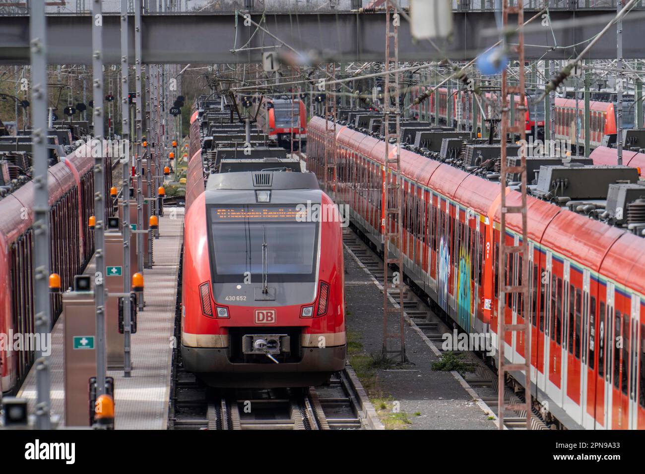 Treni locali, treni suburbani, attendere la prossima operazione, in un deposito ferroviario presso la stazione centrale di Francoforte sul meno, Assia, Germania, Foto Stock