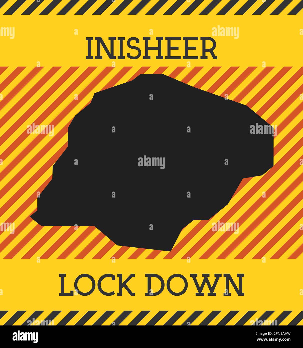 Cartello Inisheer Lock Down. Icona gialla di pericolo pandemico dell'isola. Illustrazione vettoriale. Illustrazione Vettoriale