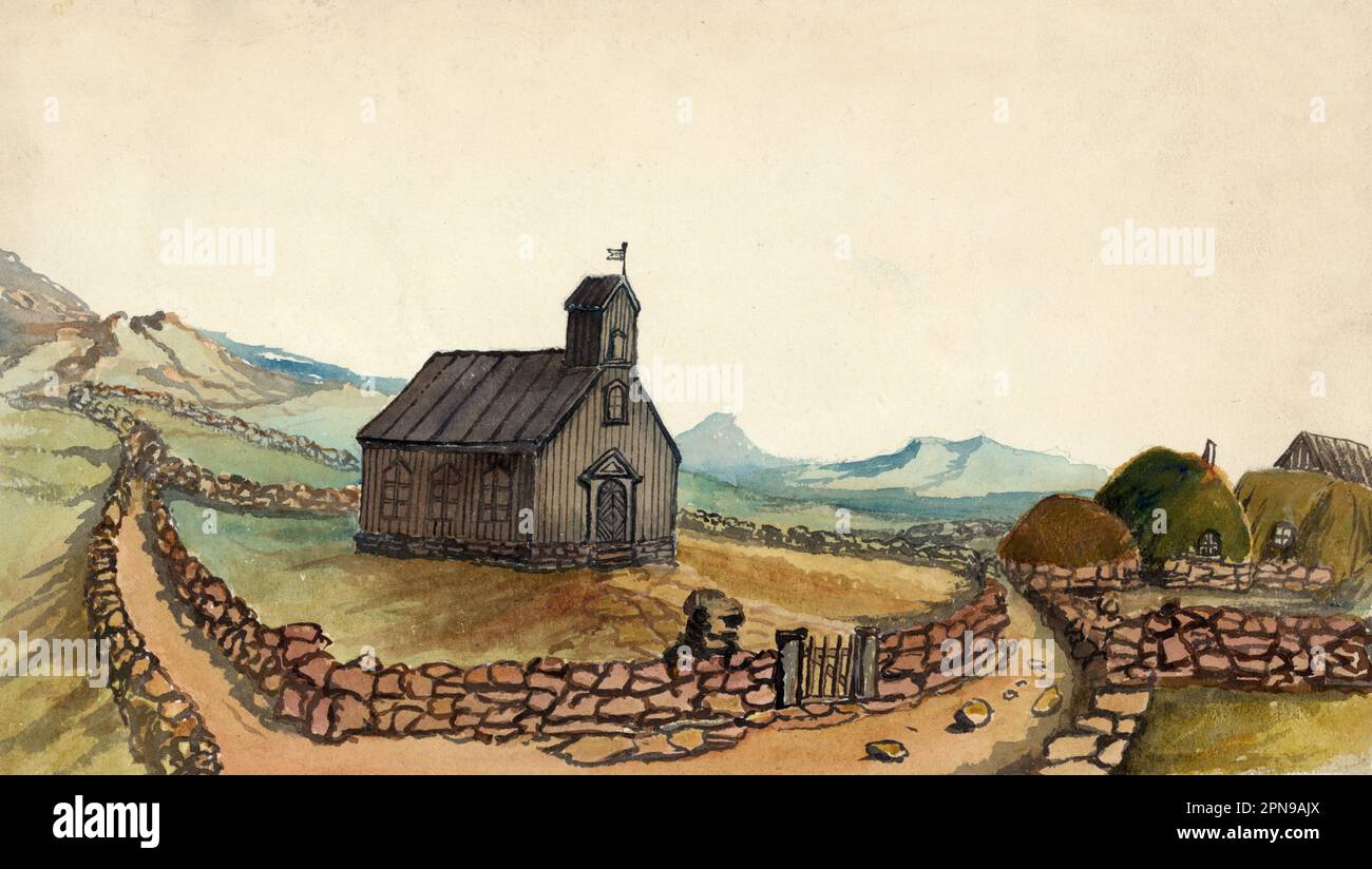 Chiesa di Thingvalla Islanda - il disegno mostra una piccola chiesa di Clapboard circondata da un muro di pietra ai margini di un villaggio islandese, Thingvalla. Taylor visitò l'Islanda nel 1862, forse in viaggio verso la Russia Foto Stock