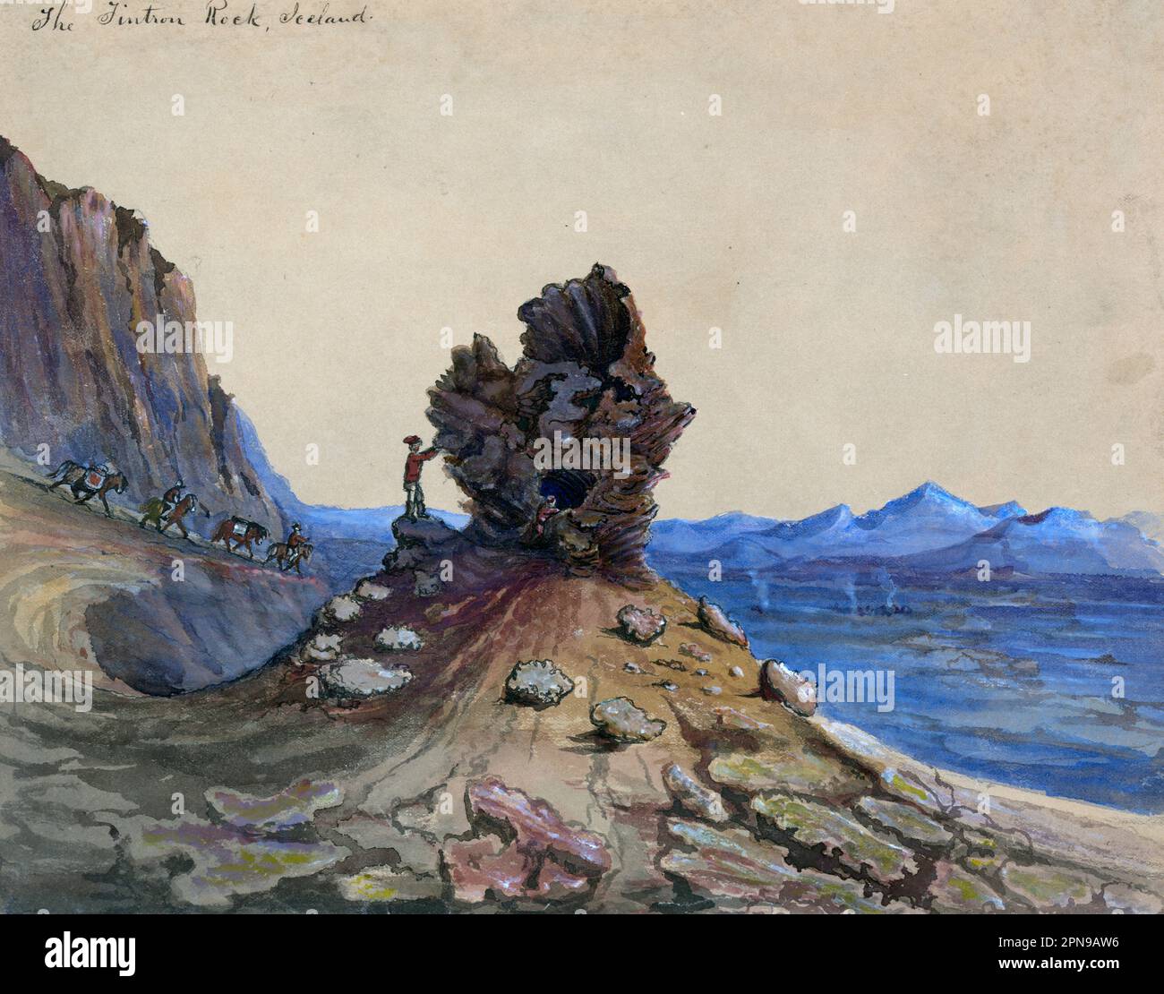 Tintron Rock, Islanda - disegno mostra i turisti in piedi e toccare una roccia in Islanda, mentre altri uomini cavalcano a cavallo. Taylor visitò l'Islanda nel 1862, forse in viaggio verso la Russia Foto Stock