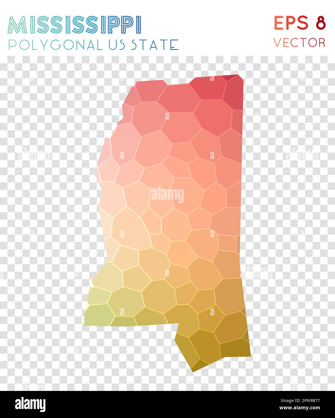 Mappa poligonale del Mississippi, stile mosaico, stato degli Stati Uniti. Grazioso basso stile polietilene, design moderno. Mappa poligonale del Mississippi per infografiche o presentazioni. Illustrazione Vettoriale