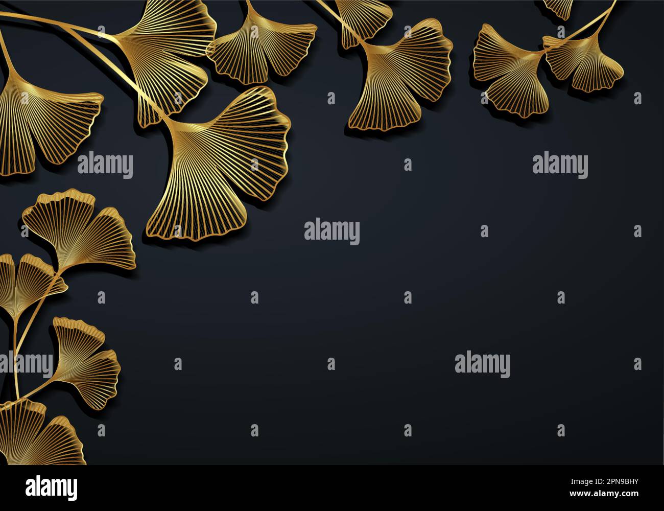 Oro cornice di Ginkgo biloba foglie isolate su sfondo nero. Golden lusso bordo di foglie floreali. Modello di disegno botanico con illustrazione vettoriale, Illustrazione Vettoriale