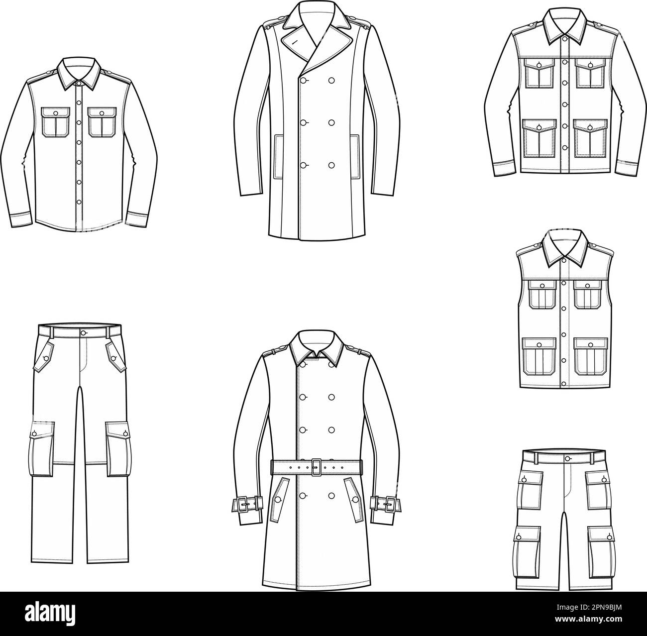 Abbigliamento militare uomo. CAD moda. Illustrazione Vettoriale