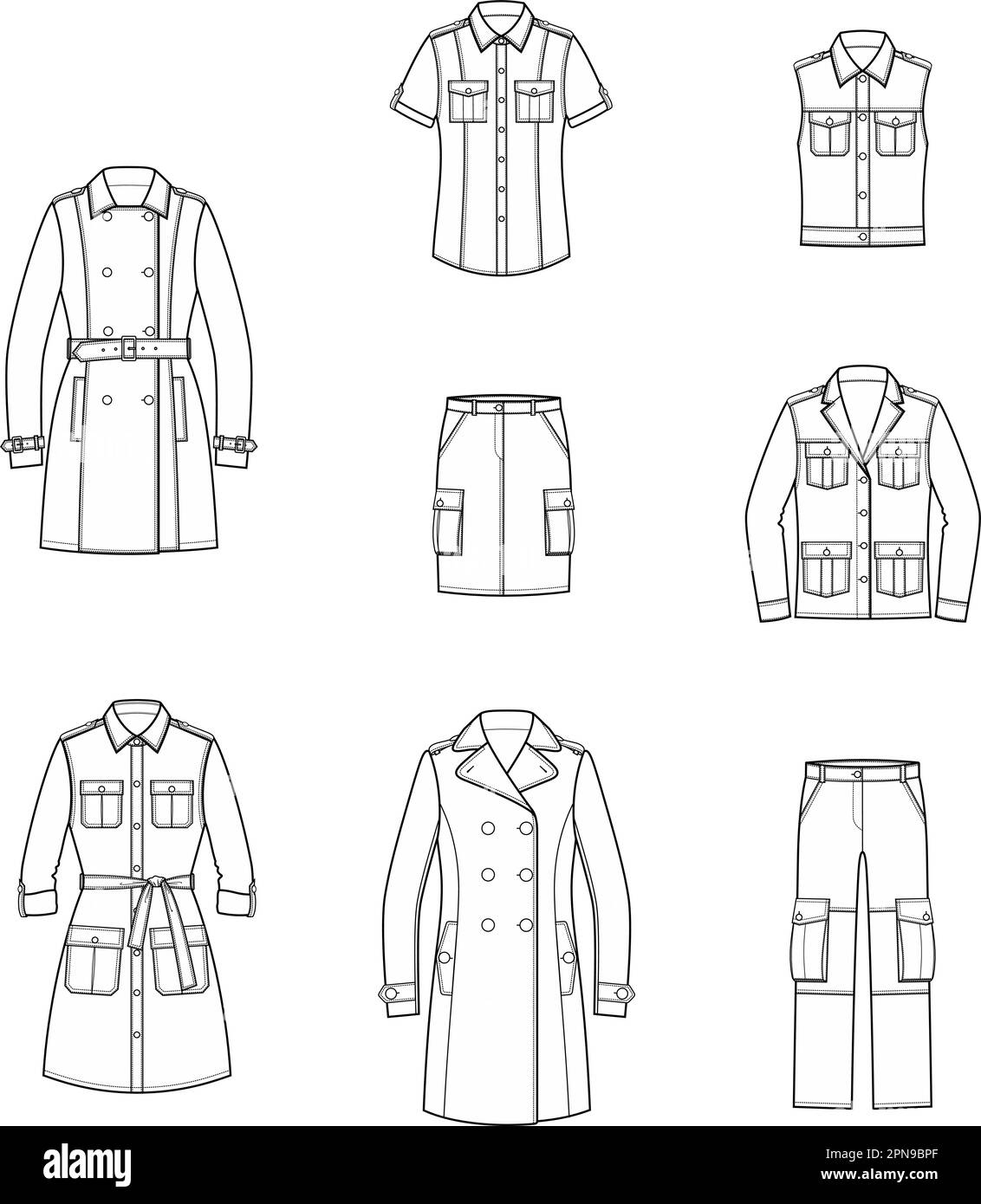 Abbigliamento militare femminile. CAD moda. Illustrazione Vettoriale