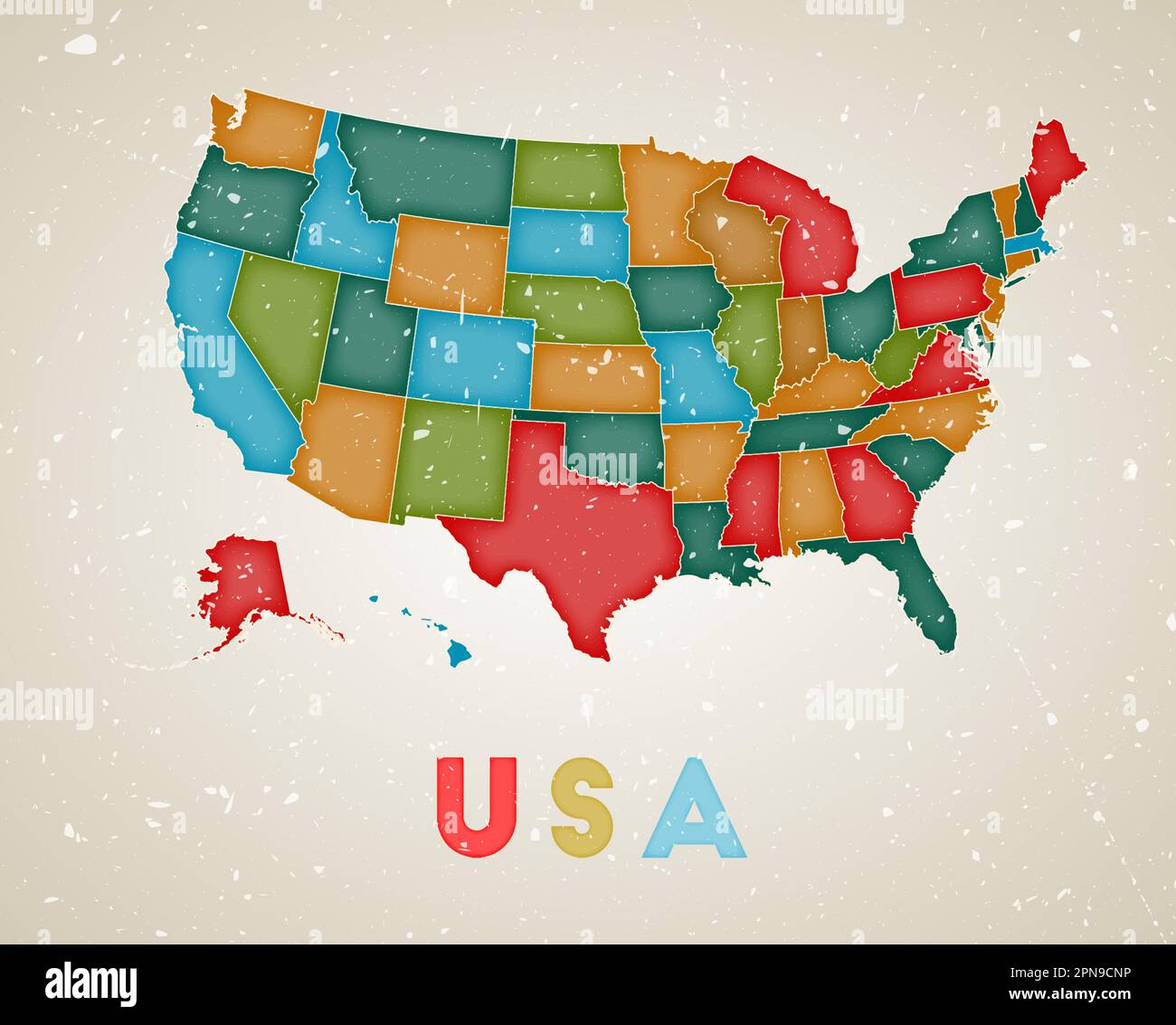 Mappa degli Stati Uniti. Poster del paese con aree colorate. Vecchio grunge texture. Illustrazione vettoriale degli Stati Uniti con il nome del paese. Illustrazione Vettoriale