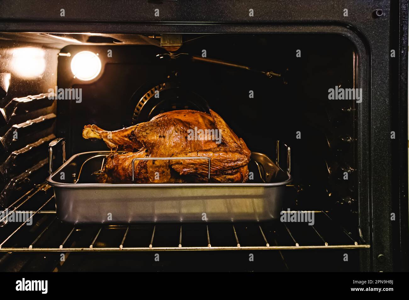 Pronto tacchino intero arrostito dorato nel forno, preparazione del cibo del giorno del Ringraziamento Foto Stock