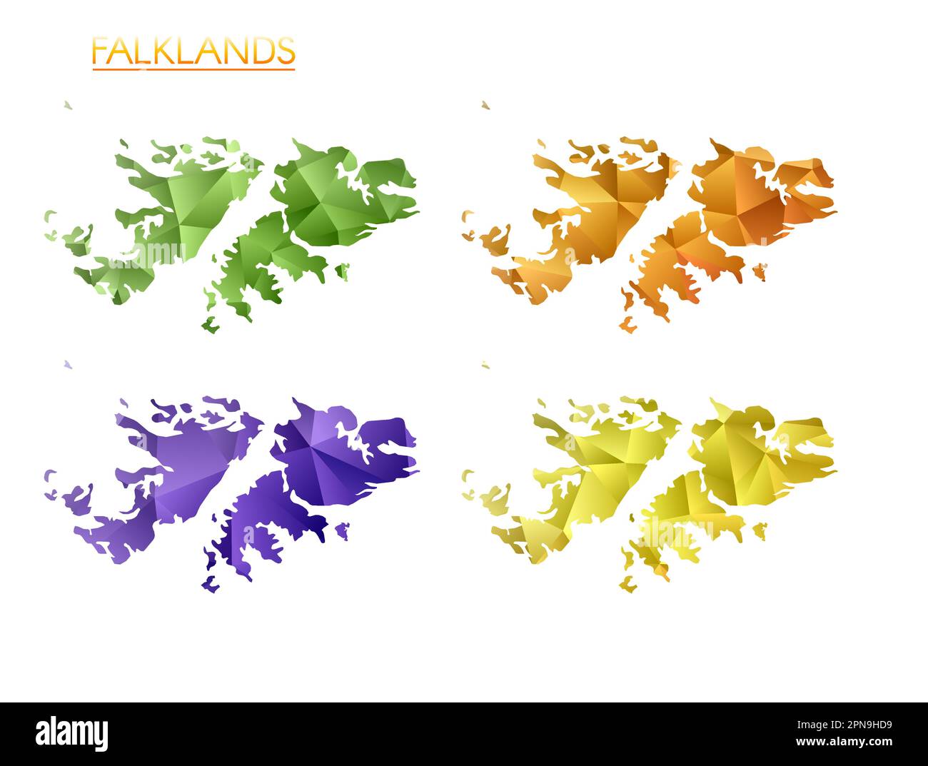 Insieme di mappe poligonali vettoriali di Falkland. Mappa a gradiente luminoso del paese in stile poly basso. Mappa di Falklands multicolore in stile geometrico per il tuo in Illustrazione Vettoriale