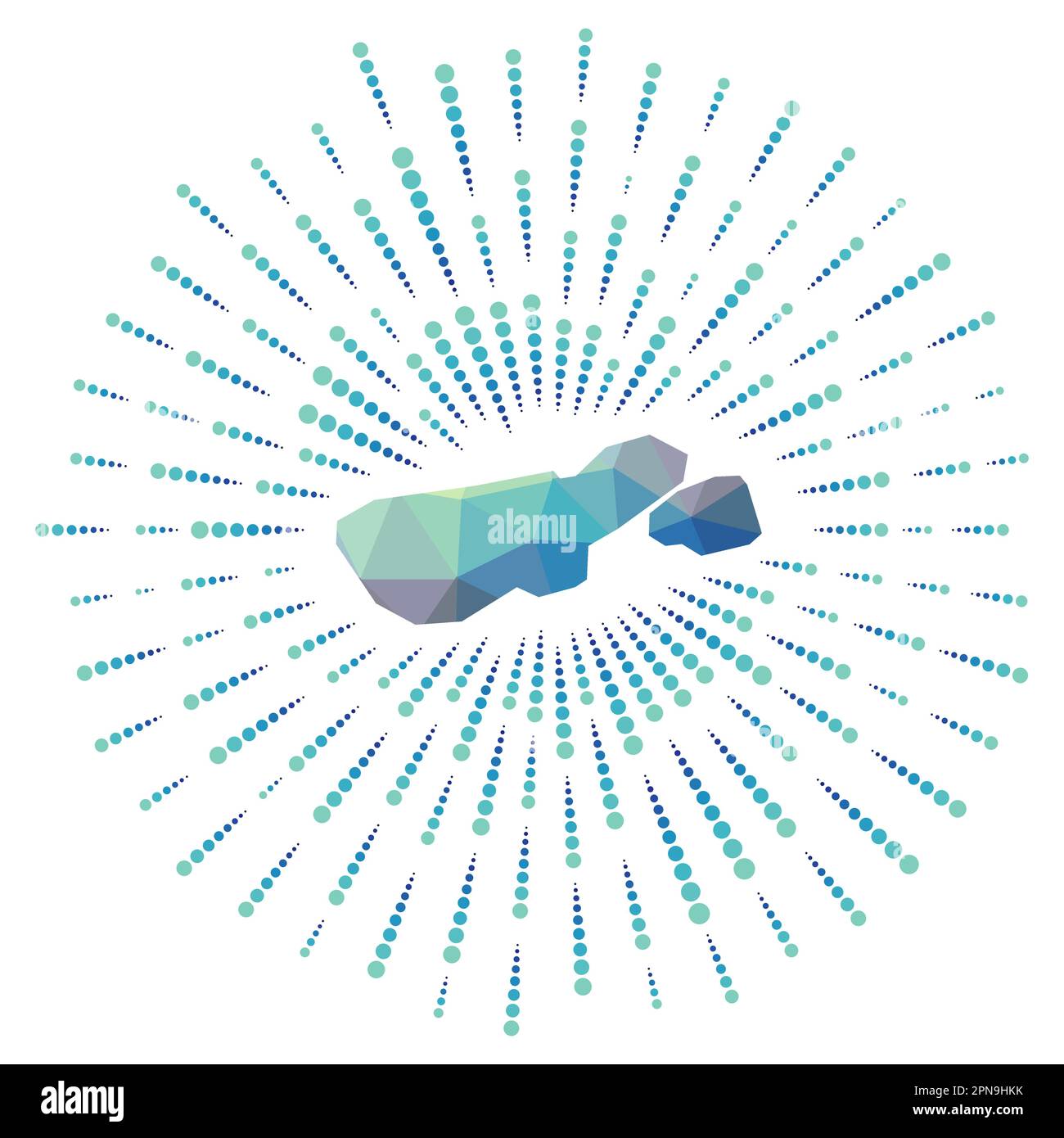 Forma dell'isola madre de Dios, scoppio di sole poligonale. Mappa dell'isola con raggi stellari colorati. Illustrazione Vettoriale