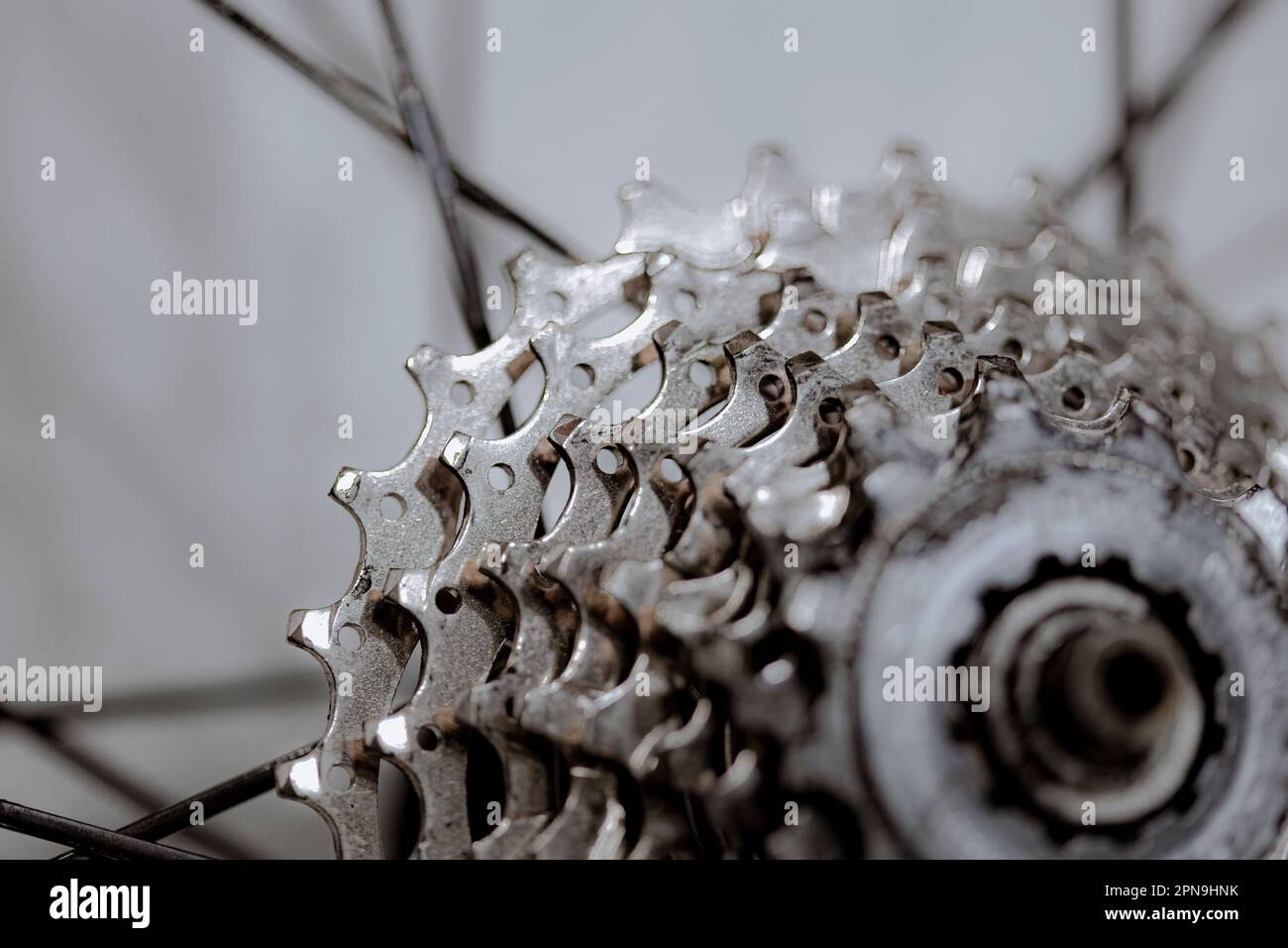 Trasmissione della corona dentata a denti su una ruota di bicicletta vera e propria Foto Stock