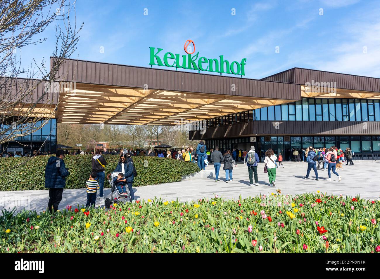 Ingresso principale, giardini Keukenhof, Lisse, Olanda del Sud (Zuid-Holland), Regno dei Paesi Bassi Foto Stock