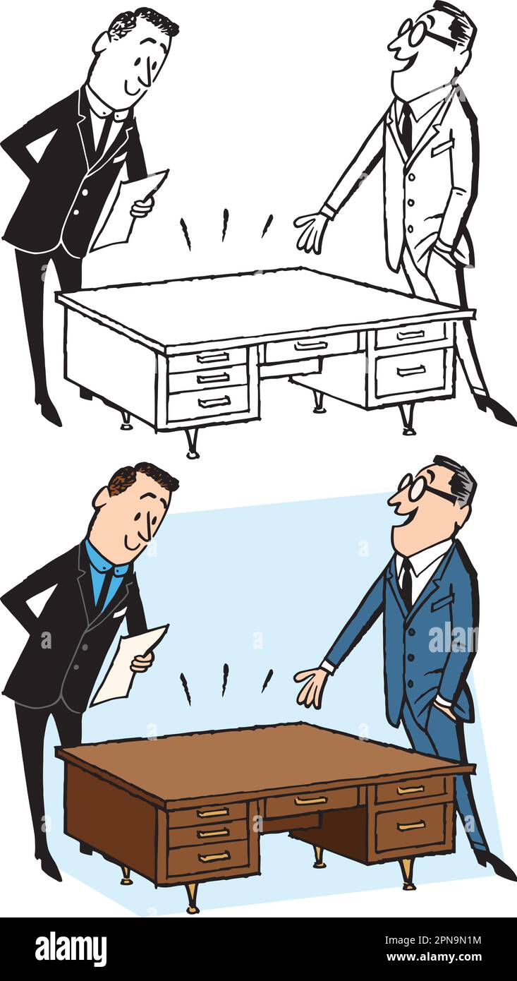 Un cartoon retrò vintage di un uomo che ottiene un nuovo ufficio scrivania in una promozione. Illustrazione Vettoriale