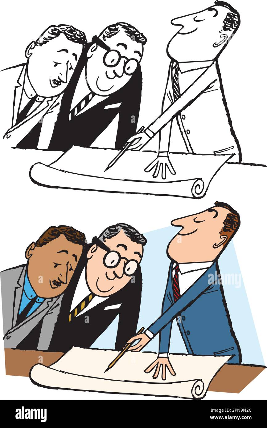 Un cartoon retrò vintage di un uomo d'affari che dà una presentazione ai suoi colleghi nel loro ufficio. Illustrazione Vettoriale