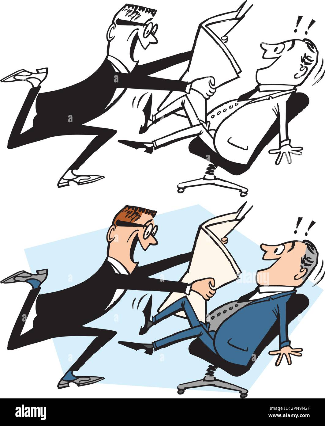 Un cartoon retrò vintage di due uomini d'affari che condividono emozionanti notizie. Illustrazione Vettoriale