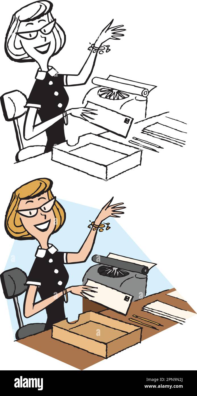 Un cartoon retrò vintage di una segretaria che lavora alla sua scrivania. Illustrazione Vettoriale