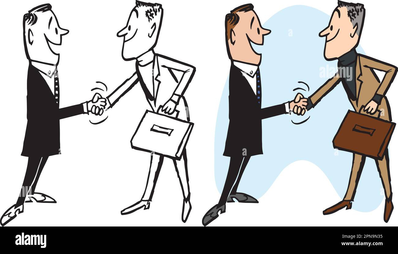 Un cartoon retrò vintage di due uomini d'affari che scuotono le mani su un accordo. Illustrazione Vettoriale
