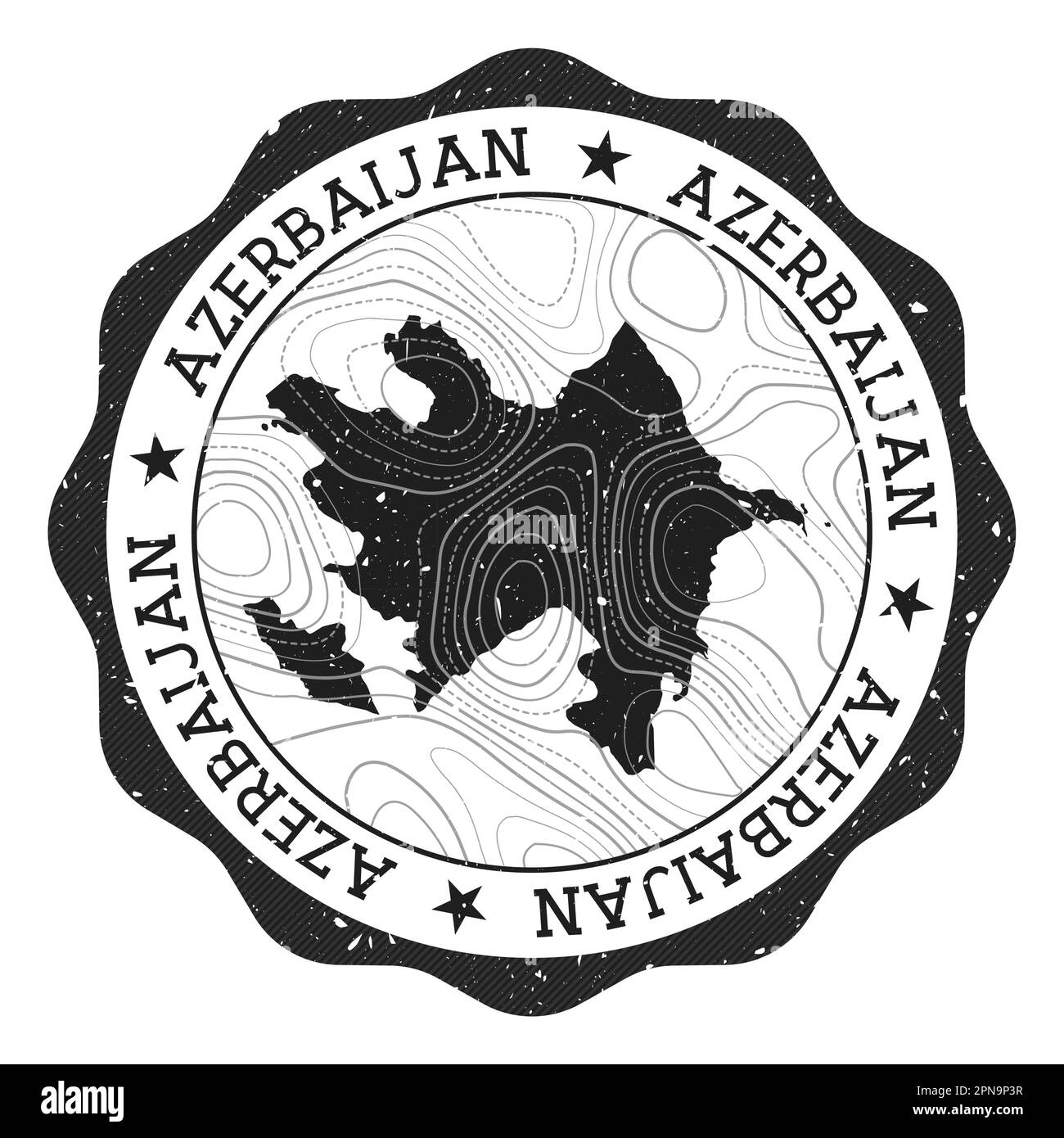 Francobollo all'aperto dell'Azerbaijan. Adesivo rotondo con mappa del paese con isoline topografiche. Illustrazione vettoriale. Illustrazione Vettoriale