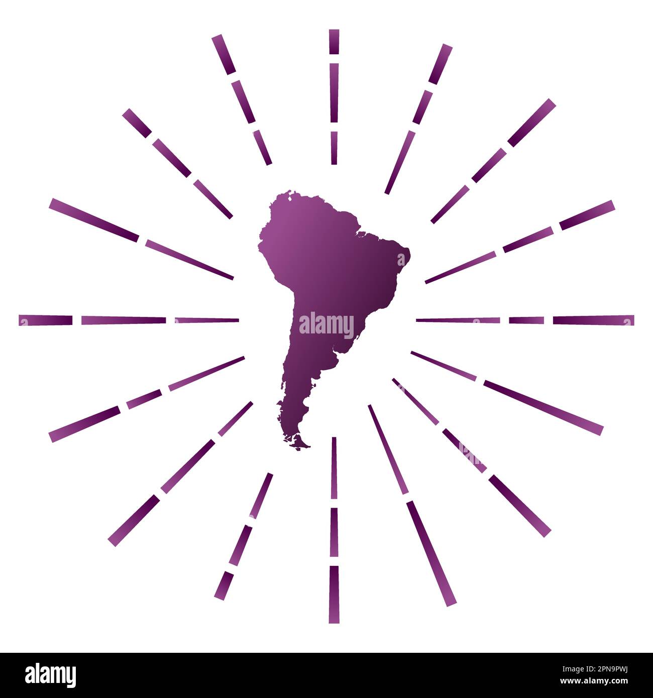 Sunburst in pendenza in Sud America. Mappa del continente con raggi stellari colorati. Illustrazione Vettoriale