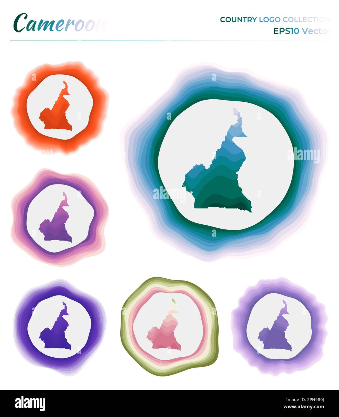 Collezione di logo Camerun. Distintivo colorato del paese. Strati intorno alla forma del confine del Camerun. Illustrazione vettoriale. Illustrazione Vettoriale