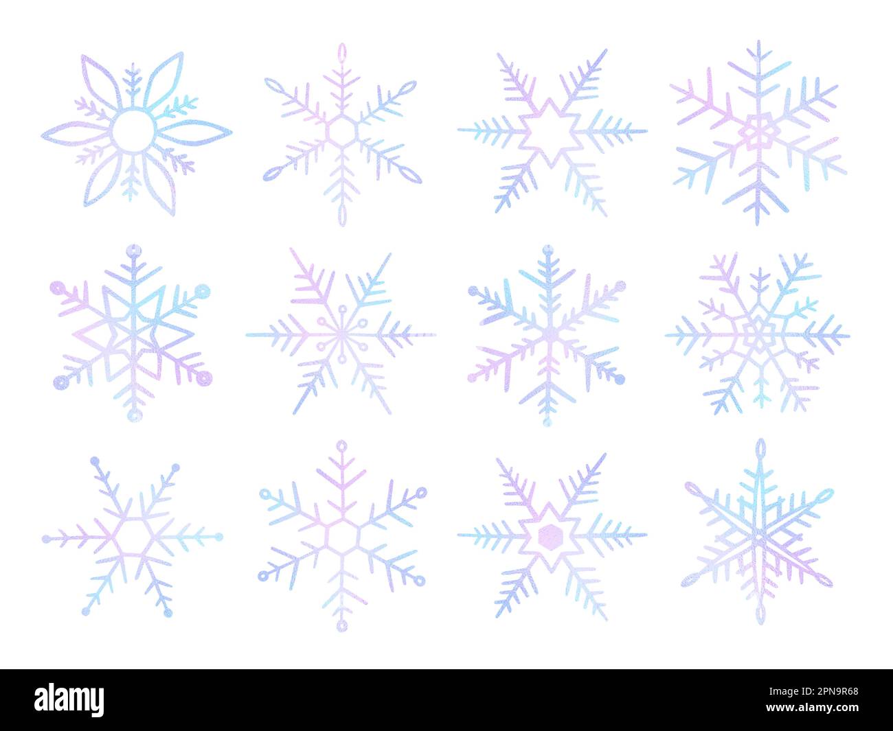 Impostare fiocchi di neve disegnati a mano. Carino neon neve isolato su sfondo bianco. Collezione disegno cristallo di ghiaccio per la stampa invernale di design. Fiocchi di neve disegnati a mano Illustrazione Vettoriale
