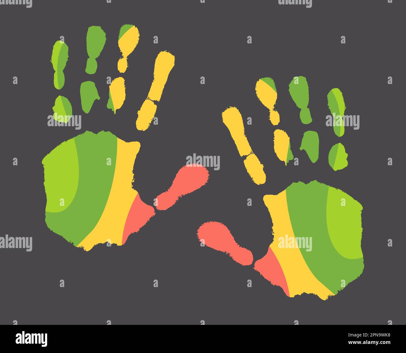 due mani sono cosparse di vernici multicolore. stampa palm su sfondo scuro. illustrazione vettoriale. Illustrazione Vettoriale