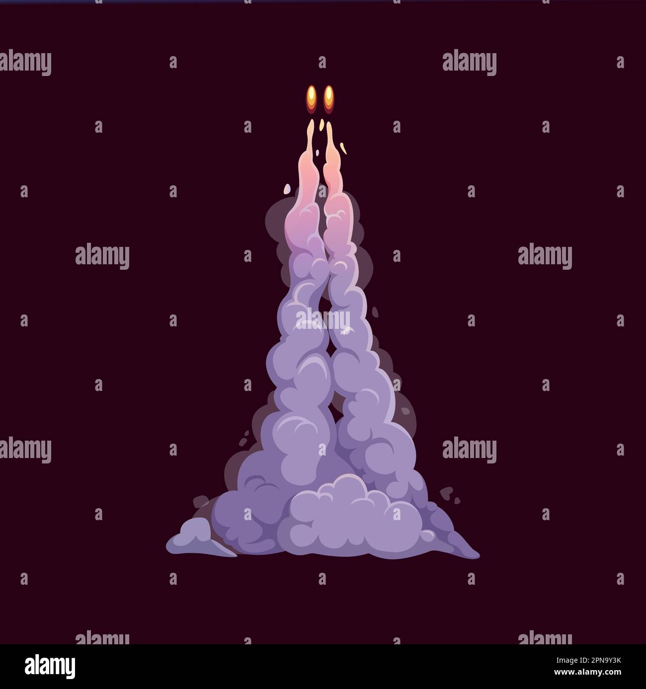 Cartoon razzo fumo sentiero. Vettore contrasta con fuoco e smog denso. Partenza, lancio, decollo in cielo con fiamme e nuvole. Isola Illustrazione Vettoriale