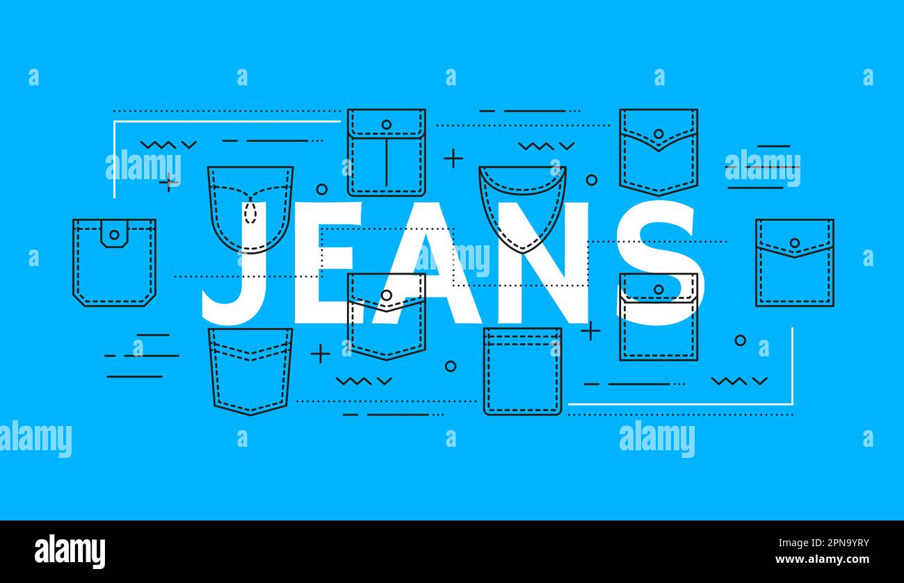 Jeans denim e tasche giacca. Abbigliamento casual e da lavoro, capi di abbigliamento in denim, pantaloni jeans e magliette delineano icone vettoriali di diversa forma Pocke Illustrazione Vettoriale