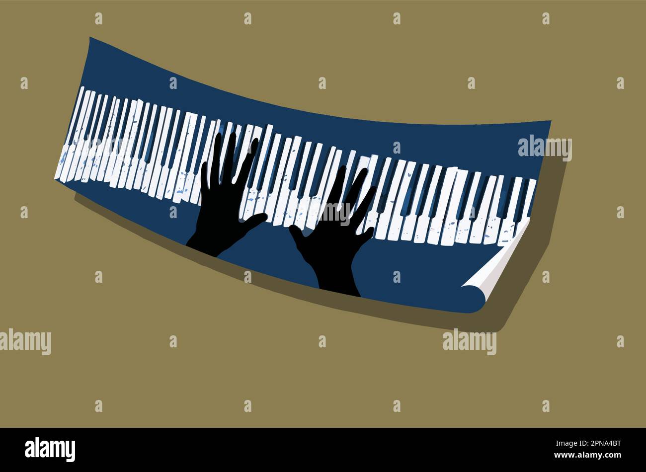 Un banner di carta passa sullo sfondo e sul poster sono le mani che suonano su una tastiera per pianoforte in un'illustrazione vettoriale a tema jazz. Illustrazione Vettoriale