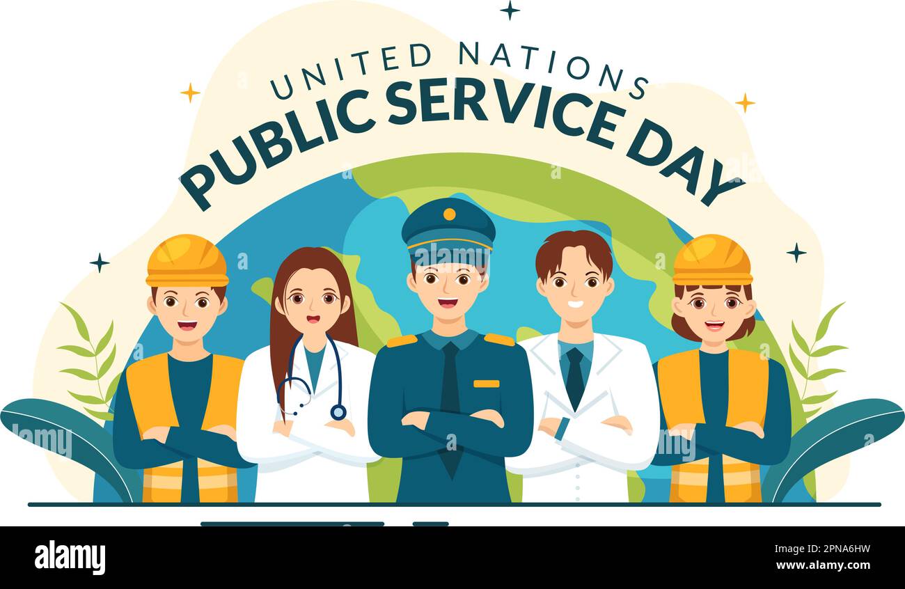 Illustrazione vettoriale del giorno del servizio pubblico delle Nazioni Unite il 23 giugno con i servizi pubblici alla Comunità in modelli di poster disegnati a mano di Cartoon piano Illustrazione Vettoriale