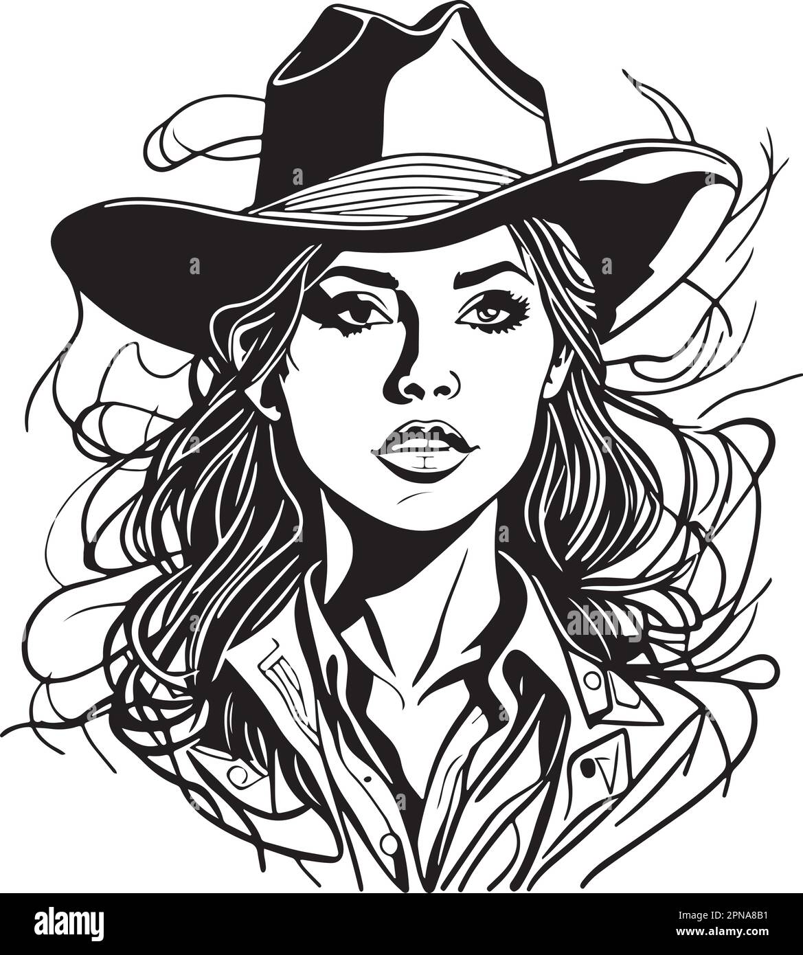 Sorprendente bianco e nero cowboy donna ritratto grande vettore Illustrazione Vettoriale