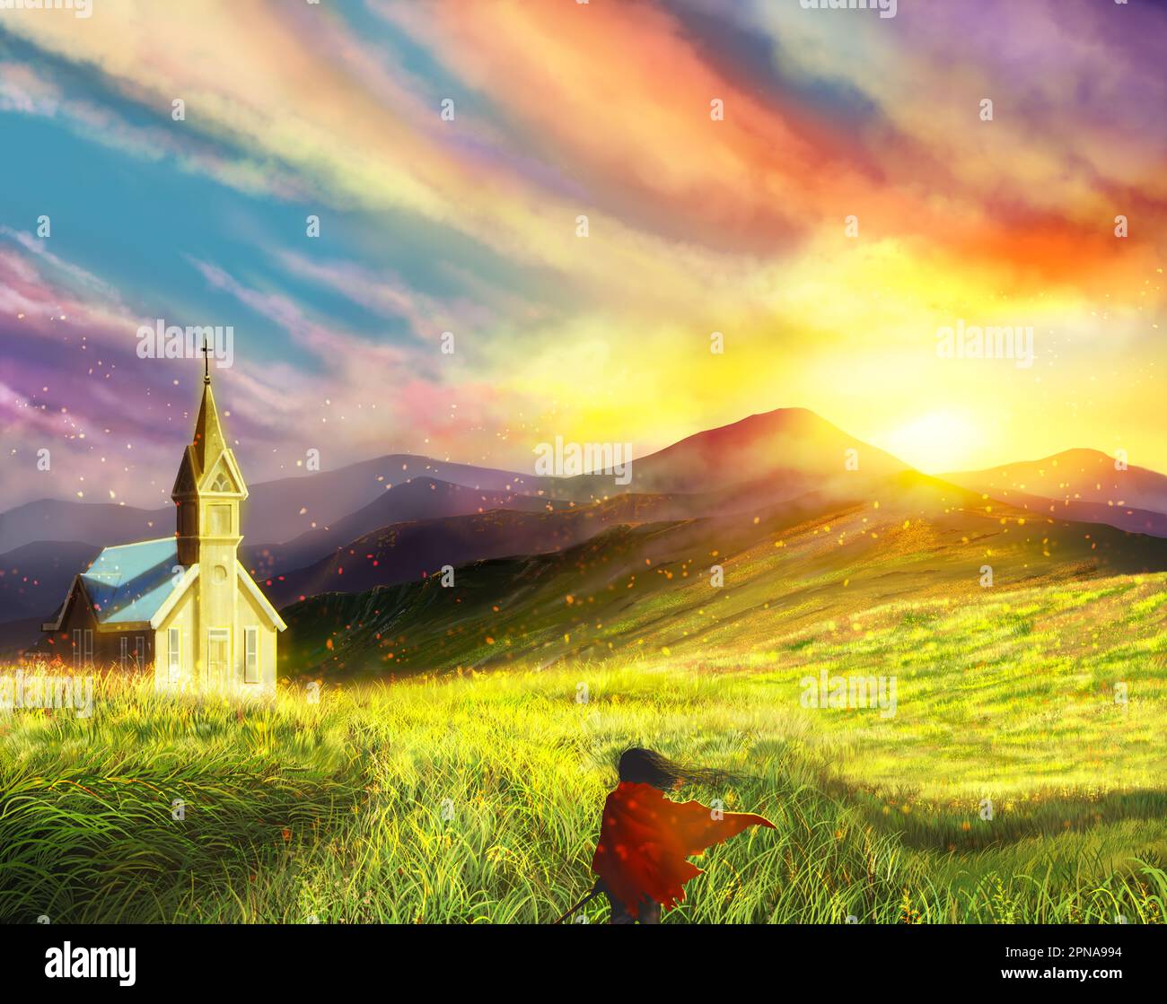 Fantasy paesaggio paesaggio cavaliere guardare la chiesa su Grass Field all'alba. Bellissimo paesaggio paesaggio sunrise cielo sfondo e fiore d'erba in aria, Foto Stock