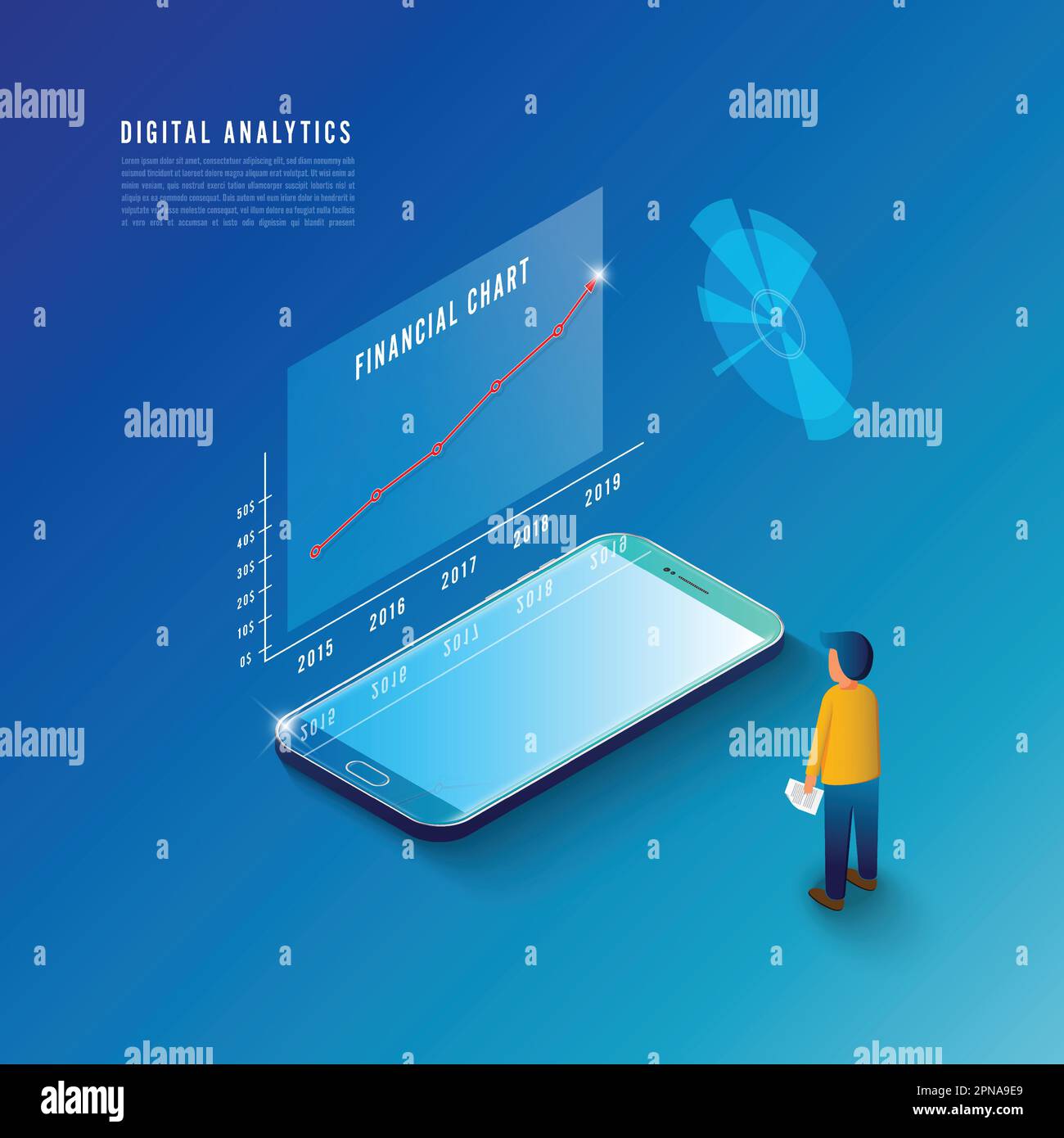 Strategia aziendale di progettazione isometrica. design piatto isometrico 3d. Dati di analisi e investimenti. Successo aziendale. Revisione finanziaria con smartphone Illustrazione Vettoriale