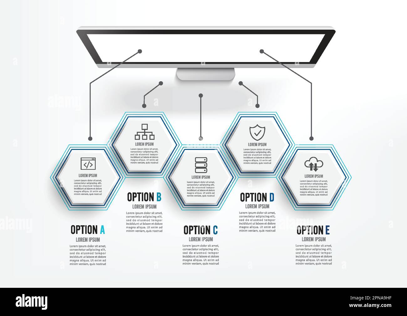 Desktop realistico per il luogo di lavoro. Tavolo da lavoro con vista dall'alto, personal computer. Elementi infografici del settore IT. Illustrazione Vettoriale