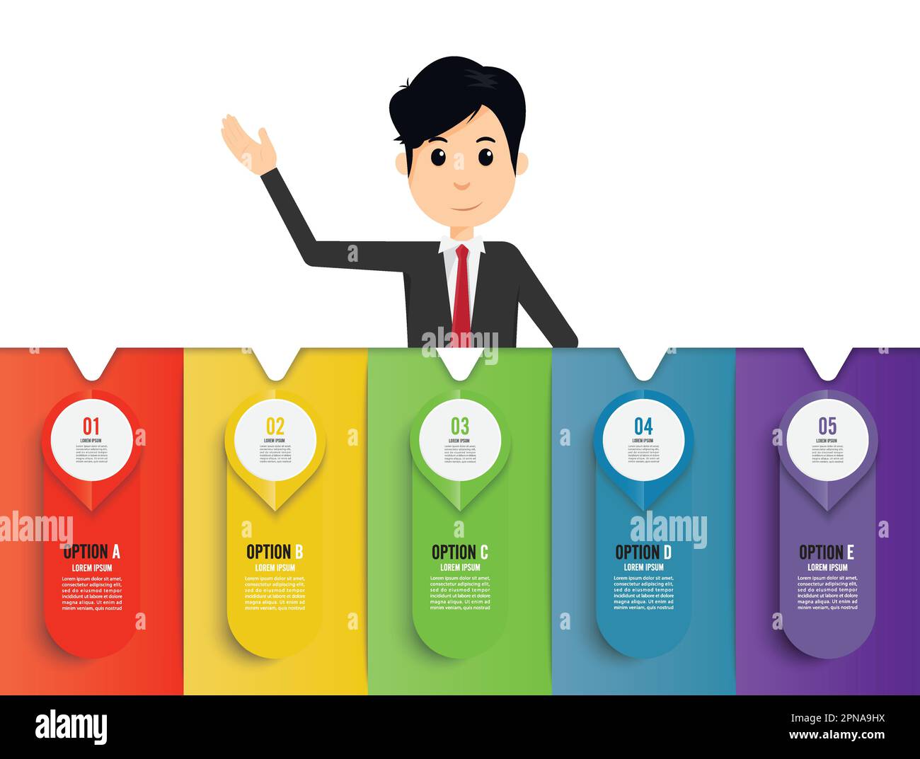 Modello uomo d'affari. Infografica cinque otions. L'illustrazione vettoriale può essere utilizzata per il layout del flusso di lavoro, il diagramma, le opzioni numerali, la progettazione Web. Illustrazione Vettoriale