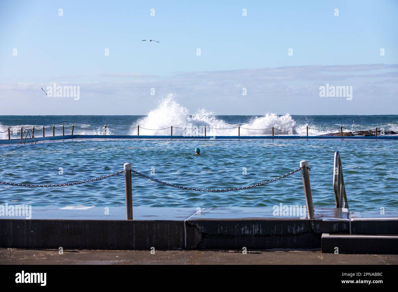 Onde che si schiantano su Dee Why Beach Rockpools, piscine oceaniche. Nuotatore Lone con cappuccio. Foto Stock